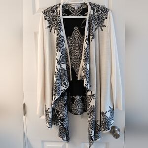 Rebecca Malone Open‑Front Cardigan – Cream/Black Star Snowflake Pattern – Size M